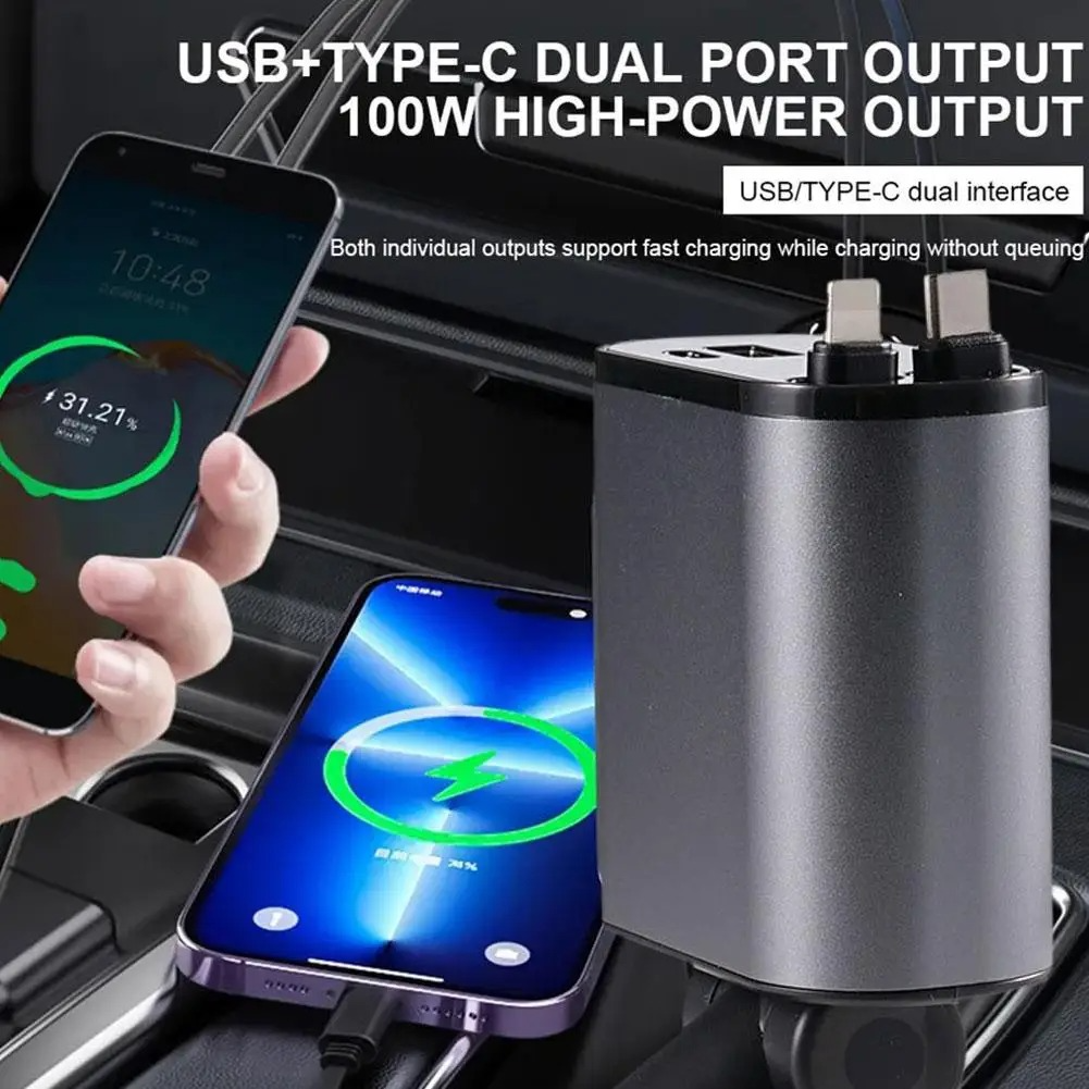 4-in-1 Retractable Car Charger – Fast Charging