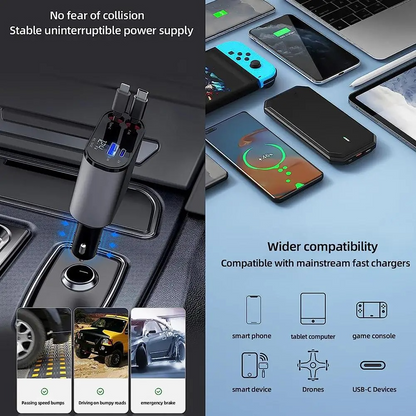 4-in-1 Retractable Car Charger – Fast Charging
