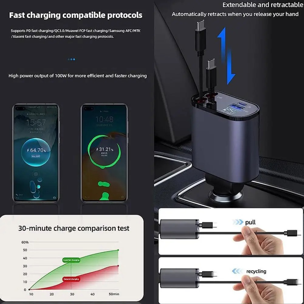 4-in-1 Retractable Car Charger – Fast Charging