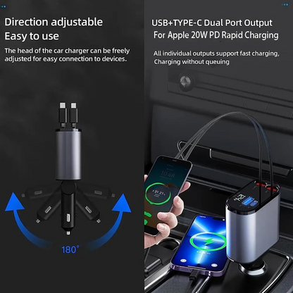 4-in-1 Retractable Car Charger – Fast Charging